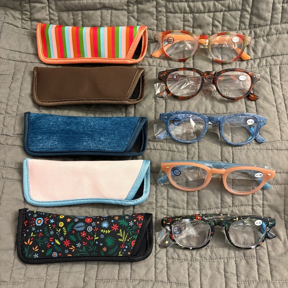 Hummingbird Readers NEW +1.50 Set Of 5 Striped Floral Blue Jean Reading Glasses